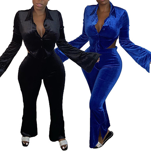 Velvet Backless Button-up Top Split Pants Two-piece Set XY-9056