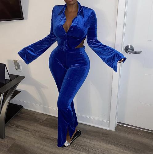 Velvet Backless Button-up Top Split Pants Two-piece Set XY-9056