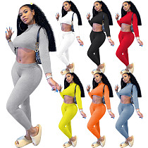 Fall Ribbed Long-sleeved Belly-button Tops Leggings Suit NIK-182