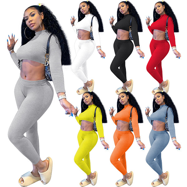 Fall Ribbed Long-sleeved Belly-button Tops Leggings Suit NIK-182