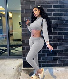 Fall Ribbed Long-sleeved Belly-button Tops Leggings Suit NIK-182