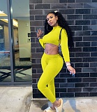 Fall Ribbed Long-sleeved Belly-button Tops Leggings Suit NIK-182