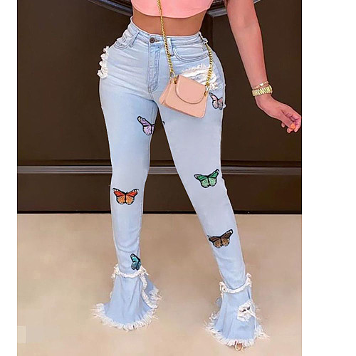 Fashion Butterfly Embroidered Flounce Edge Torn Jeans HSF-2329