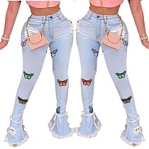 Fashion Butterfly Embroidered Flounce Edge Torn Jeans HSF-2329