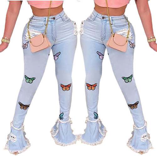 Fashion Butterfly Embroidered Flounce Edge Torn Jeans HSF-2329
