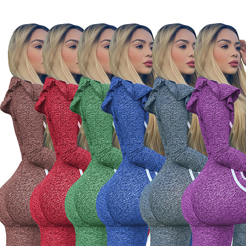 Women's High Elastic Flounces Long Sleeve Top Leggings Suit LX-6876