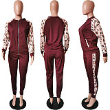 Leopard Print spliced Zipper Jacket Slim Pants 2 Pieces HMS-5276