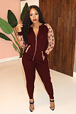 Leopard Print spliced Zipper Jacket Slim Pants 2 Pieces HMS-5276