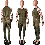 Leopard Print spliced Zipper Jacket Slim Pants 2 Pieces HMS-5276
