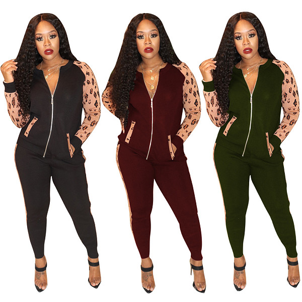 Leopard Print spliced Zipper Jacket Slim Pants 2 Pieces HMS-5276