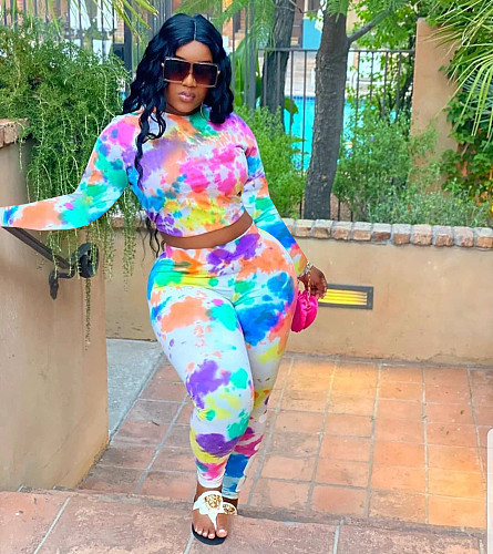Tie-dye Printed Long Sleeves T-shirt Tight Pants Two-piece Set  DM-8152
