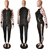 Leopard Print spliced Zipper Jacket Slim Pants 2 Pieces HMS-5276