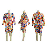 Autumn Irregular Printed Long Sleeve Drawstring Ruffled Dress JLY-19114