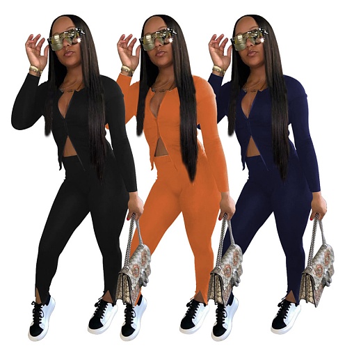 Women's Long Sleeve Double Zipper Top Leggings 2 Pieces DD-8053