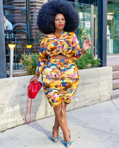 Autumn Irregular Printed Long Sleeve Drawstring Ruffled Dress JLY-19114