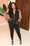 Leopard Print spliced Zipper Jacket Slim Pants 2 Pieces HMS-5276