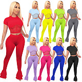 Net Yarn Stitching Short Sleeve Bell-Bottom Trousers Two-Piece Set TE-4026