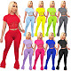 Net Yarn Stitching Short Sleeve Bell-Bottom Trousers Two-Piece Set TE-4026