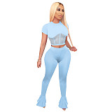 Net Yarn Stitching Short Sleeve Bell-Bottom Trousers Two-Piece Set TE-4026