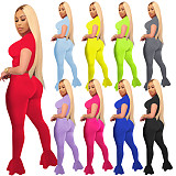 Net Yarn Stitching Short Sleeve Bell-Bottom Trousers Two-Piece Set TE-4026