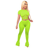 Net Yarn Stitching Short Sleeve Bell-Bottom Trousers Two-Piece Set TE-4026