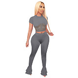 Net Yarn Stitching Short Sleeve Bell-Bottom Trousers Two-Piece Set TE-4026