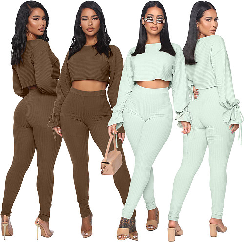 Solid Color Pit Stripe Flared Sleeve Crop Top Leggings 2 Pieces ASL-6300