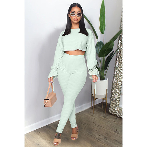 Solid Color Pit Stripe Flared Sleeve Crop Top Leggings 2 Pieces ASL-6300