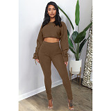 Solid Color Pit Stripe Flared Sleeve Crop Top Leggings 2 Pieces ASL-6300