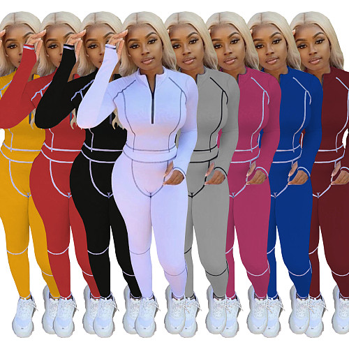 Leisure Line Splicing Long Sleeve Top Tight Pants 2 Pieces Set WY-6726
