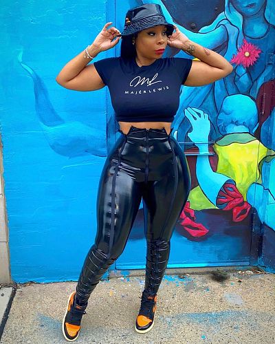 Zipper Stitching Tight Mid-waist PU Leather Pants HMS-5373