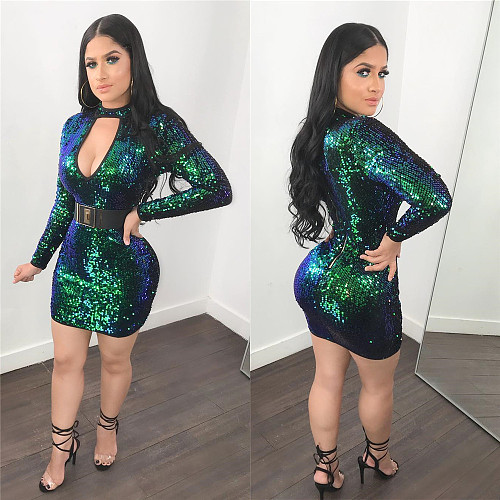 Sexy Sequins Long Sleeve Slim Low-cut Hip-hugging Dresses LSL-6044