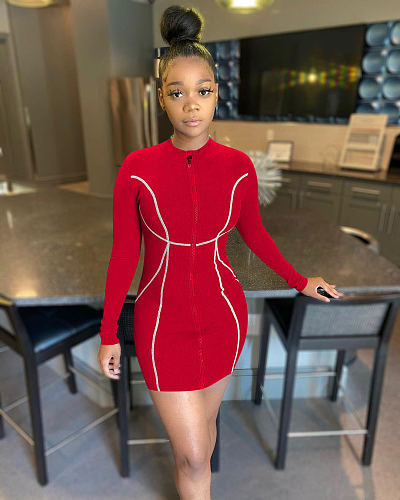 Women's Solid Colour Long Sleeve Front Zipper Dress OM-1169