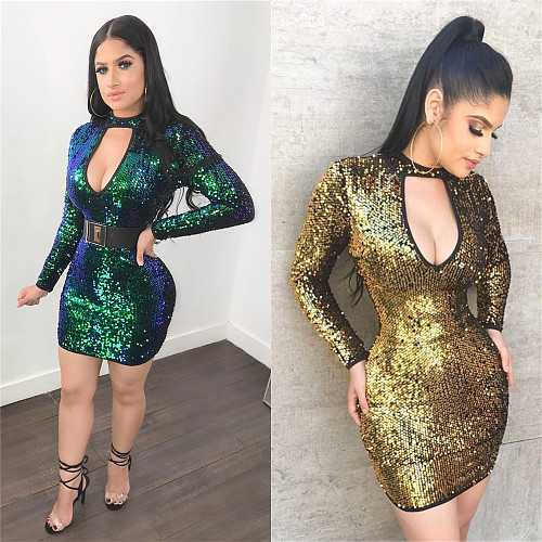 Sexy Sequins Long Sleeve Slim Low-cut Hip-hugging Dresses LSL-6044