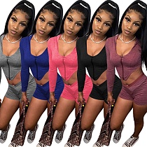 Long Sleeve Hooded Zipper Cropped Top Slim Shorts Suit MEM-8300