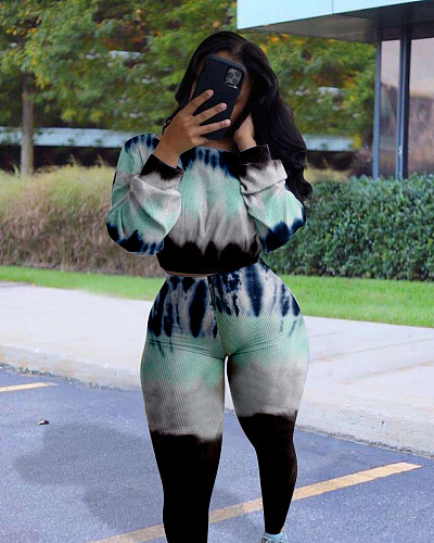 Autumn Tie-dye Long Sleeves Crop Top Skinny Pants Suit RS-7139