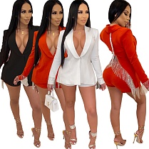 Fall Back Deep V Split Tassels Spliced Small Suit Shorts Set LUO-3042
