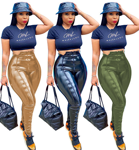 Zipper Stitching Tight Mid-waist PU Leather Pants HMS-5373
