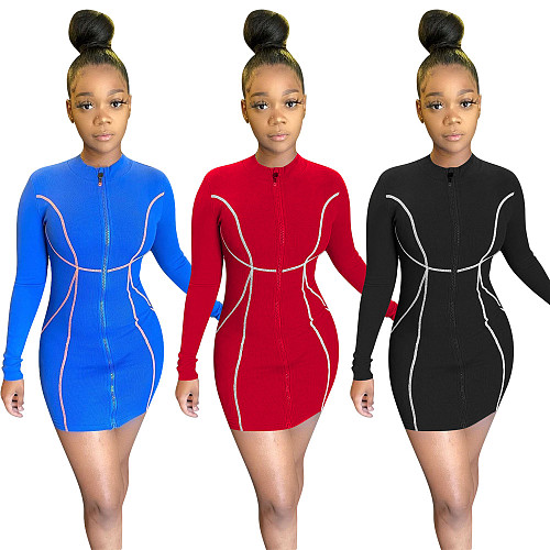 Women's Solid Colour Long Sleeve Front Zipper Dress OM-1169