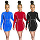 Women's Solid Colour Long Sleeve Front Zipper Dress OM-1169