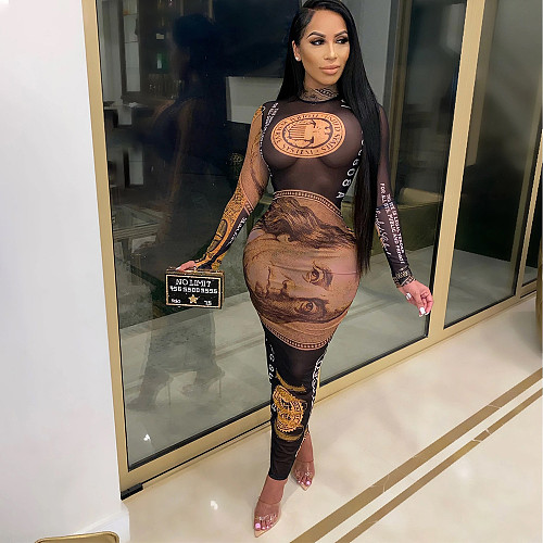 Sexy Gauze Perspective Dollar Element Long Sleeve Dress BER-8029