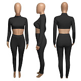 Fall Ribbed Long-sleeved Belly-button Tops Leggings Suit NIK-182