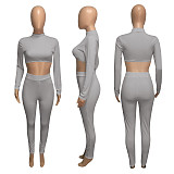 Fall Ribbed Long-sleeved Belly-button Tops Leggings Suit NIK-182