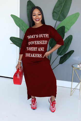 Hot Sales Letter Printed Round Neck Middle Sleeve Long Dress LUO-3034