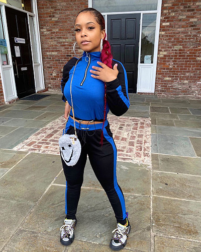 Collage Color Long Sleeve Cropped T-shirt Sport Pants 2 Pieces YUM-9044