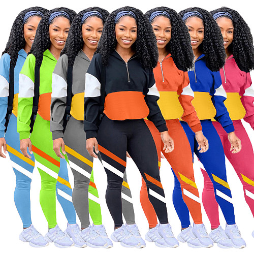 Fashion Color Spliced Hoodie Sport Pants Two-piece Set LM-8189