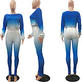Gradient Long Sleeves Ribbed Crop Top Pant 2 Pcs Club Outfits NIYA-8015