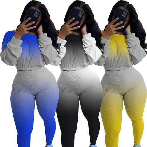 Gradient Long Sleeves Ribbed Crop Top Pant 2 Pcs Club Outfits NIYA-8015