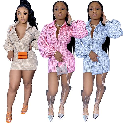 Classic Plaid Shirt Collar Lantern Sleeve Zipper Dress LM-8184