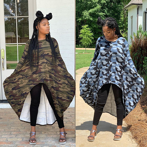 Long Sleeve Loose Camouflage Print Irregular Casual Dress MAE-2062